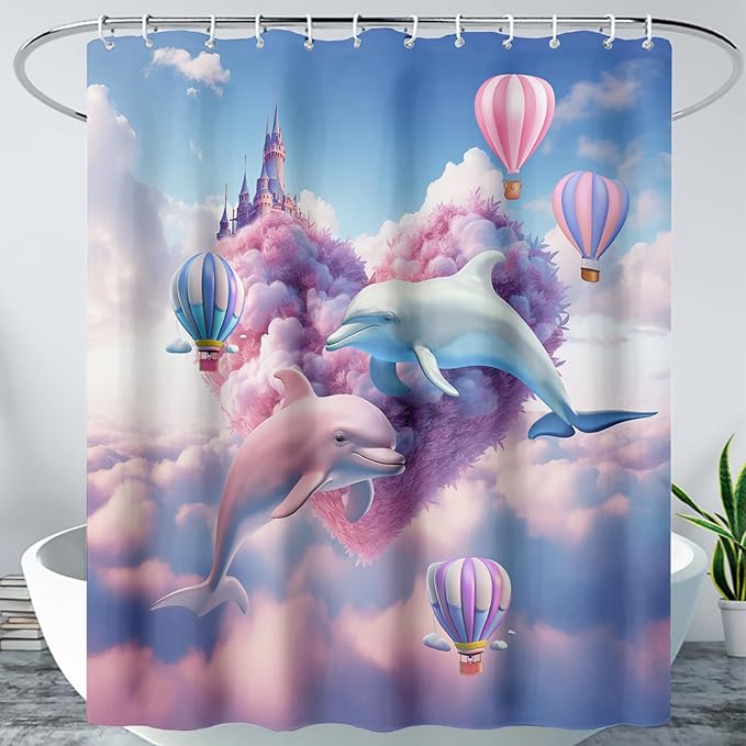 AILONEN Cute Dolphin Shower Curtain,Romantic Pink Sky Clouds Hearts Print Bath Curtain,Blue and Pink Dolphin Shower Curtain Waterproof for Bathroom Decor with 12 Plastic Hooks, 72" W*78" H