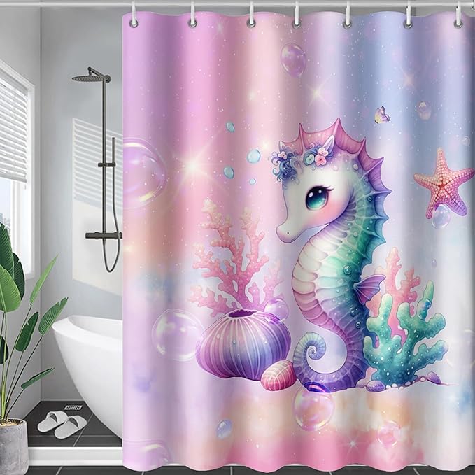AILONEN Cute Seahorse Shower Curtain for Kids Girls,Rainbow Seahorse Bath Curtain,Ocean Coral Starfish Kawaii Shower Curtain Waterproof for Bathroom Decor with 12 Plastic Hooks, 72" W*84" H
