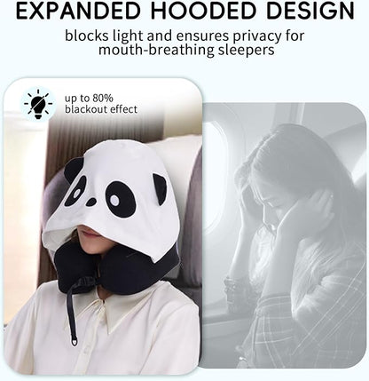 Hooded Neck Pillow for Kids and Adults, 100% Pure Memory Foam Upgraded Travel Pillow with Hood, Kids Neck Pillow for Airplane, Outdoor, Office, Soft, Washable, Easy Storage, Panda