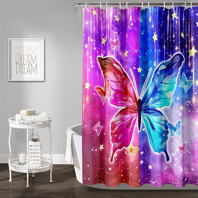 AILONEN Butterfly Shower Curtain,Red and Blue Butterfly Bath Curtain,Tie Dye Starry Rainbow Modern Decorative Shower Curtain with 12 Plastic Hooks (Kids/Girls/Women/Teen/) 72" W*96" H