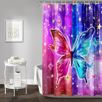 AILONEN Butterfly Shower Curtain,Red and Blue Butterfly Bath Curtain,Tie Dye Starry Rainbow Modern Decorative Shower Curtain with 12 Plastic Hooks (Kids/Girls/Women/Teen/) 72" W*84" H