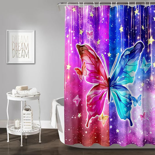 AILONEN Butterfly Shower Curtain,Red and Blue Butterfly Bath Curtain,Tie Dye Starry Rainbow Modern Decorative Shower Curtain with 12 Plastic Hooks (Kids/Girls/Women/Teen/) 72" W*78" H