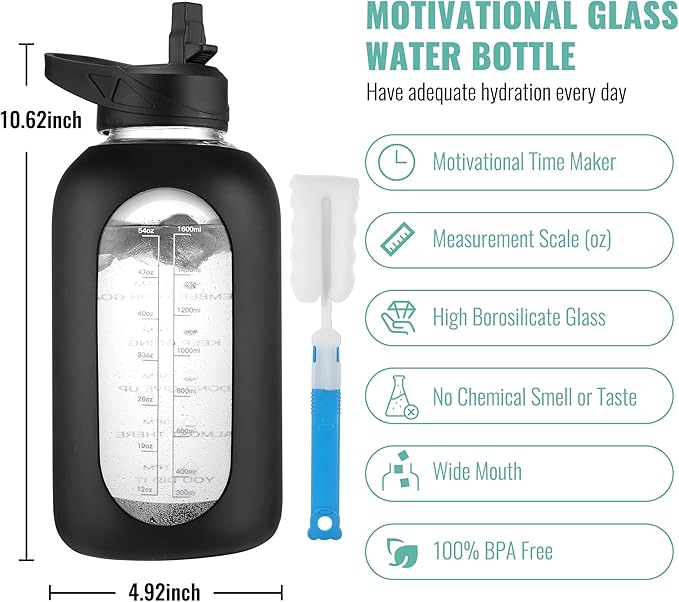CIVAGO 64 oz Glass Water Bottle Jug with Straw and Handle, Half Gallon Sports Motivational Water Bottle with Time Marker, Wide Mouth Water Flask Canteen with Silicone Sleeve for Gym,Light Blue
