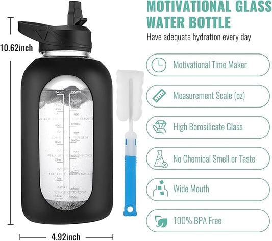 CIVAGO 64 oz Glass Water Bottle Jug with Straw and Handle, Half Gallon Sports Motivational Water Bottle with Time Marker and 2 Lids, Water Flask Canteen with Silicone Sleeve for Gym, Sage