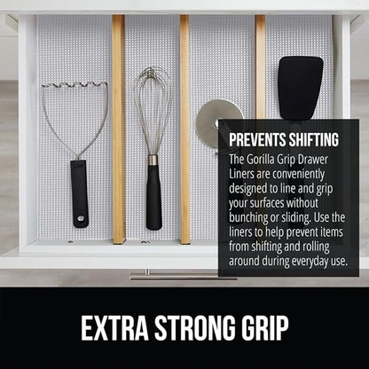 Gorilla Grip powerGRIP Drawer Shelf and Cabinet Liner, Thick Strong Hold, Non-Adhesive Liners Protect Kitchen Cabinets and Cupboard, Bathroom Drawers, Easy Install, Breathable Mat, 12" x10' Light Gray