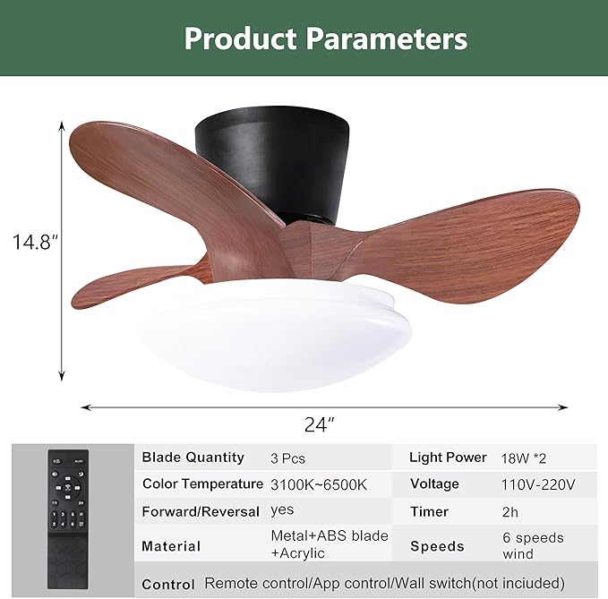 NicBex Ceiling Fan 24 Inch Ceiling Fan with Lights Ceiling Fans with 3 ABS Blades and Remote Control DC Motor Ceiling Fan with Flush Mount for Bedroom, Living Room, Walnut