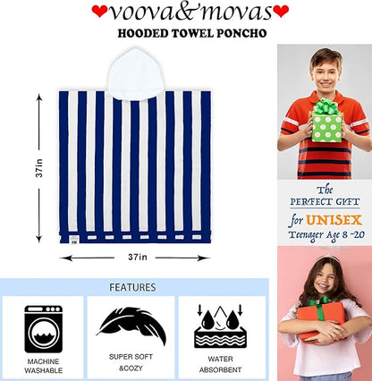 VOOVA & MOVAS Big Kids Hooded Towel Poncho | 8-16Years | Large, Soft, Absorbent Cotton Towel Robe | Versatile for Pool, Swim,Beach and Bathroom | Gem Blue Cabana Stripe
