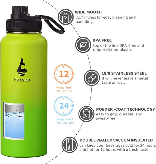 Farsea Insulated Water Bottle With Paracord Handle, Protective Silicone Boot and 2 Lids (Straw Lid & Spout Lid), Stainless Steel Water Bottle Wide Mouth, Double Wall Sweat-Proof BPA-Free, 40 oz