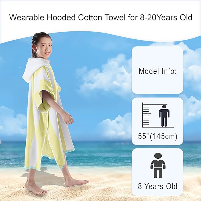 VOOVA & MOVAS Big Kids Hooded Towel Poncho | Large, Soft, Absorbent Cotton Towel Robe | 8-16Years | Versatile for Pool, Swim,Beach and Bathroom | Yellow Cabana Stripe