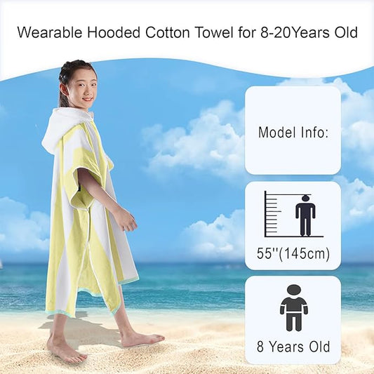 VOOVA & MOVAS Big Kids Hooded Towel Poncho | Large, Soft, Absorbent Cotton Towel Robe | 8-16Years | Versatile for Pool, Swim,Beach and Bathroom | Yellow Cabana Stripe