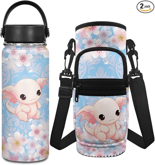 Axolotl Girls 18 OZ Water Bottles for School Cherry Blossom Stainless Steel Water Bottle 2 Pcs Water Bottle Holder Carrier Sling Water Bottle Pouch Sleeve