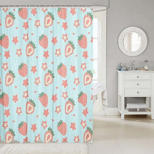 Feelyou Green Strawberry Bathroom Waterproof Accessories with 12 Hooks Kawaii Fruit Fabric Shower Curtain for Kids Boys Girls Cute Stars Strawberry Shower Curtain Kawaii Lovely Curtains,72x78 Inches