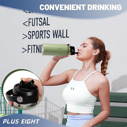Sports Water Bottle, 32 oz Insulated Water Bottle With Straw, Stainless Steel Water Bottle Wide Mouth for Sports, Gym or Office, BPA-Free Keep Cold 24H Hot 12H (Agave)