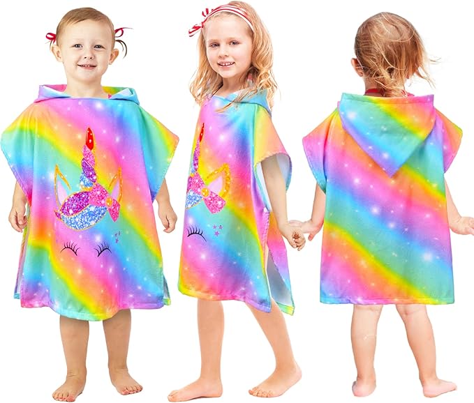Bath Beach Pool Towel with Hood for Kids Girls, Hooded Towels Swim Poncho Towel Cover-ups for 3-8 Years with Drawstring Bag, Super Absorbent, 24 in x24 in (Rainbow Unicorn)