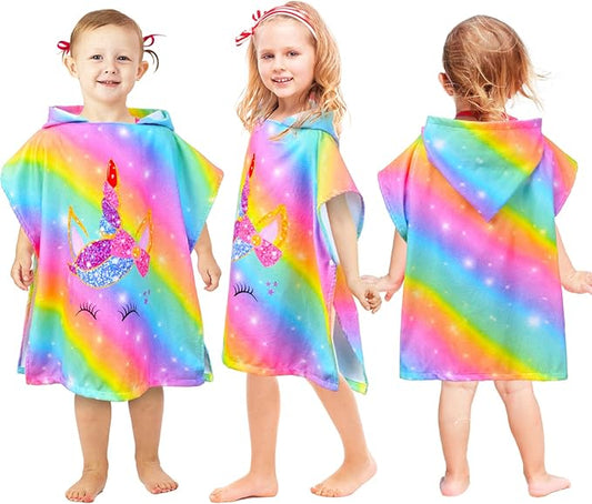 Bath Beach Pool Towel with Hood for Kids Girls, Hooded Towels Swim Poncho Towel Cover-ups for 3-8 Years with Drawstring Bag, Super Absorbent, 24 in x24 in (Rainbow Unicorn)