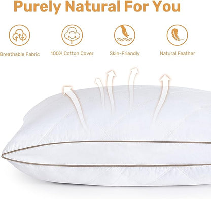 UNIKOME Natural Goose Feathers and Down Pillow - Queen Size Set of 2, Medium Firm Pillow with 100% Cotton Cover, Gussted & Quilting Design Hotel Collection Bed Pillows for Back, Stomach, Side Sleeping