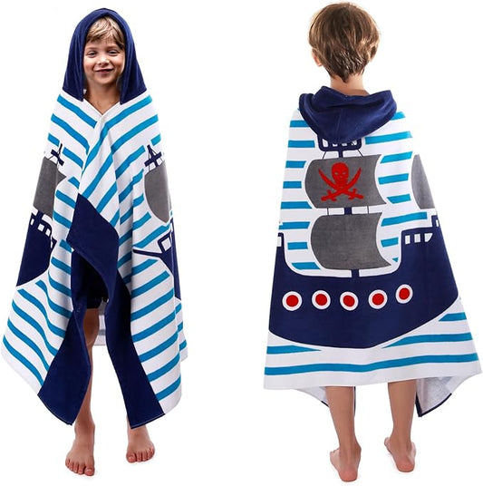 Wowelife Toddler Bath Towel, Blue Hooded Beach Towel, 100% Cotton, Quick Dry, Absorbent, Machine Washable, Adjustable, Pirate Ship Theme