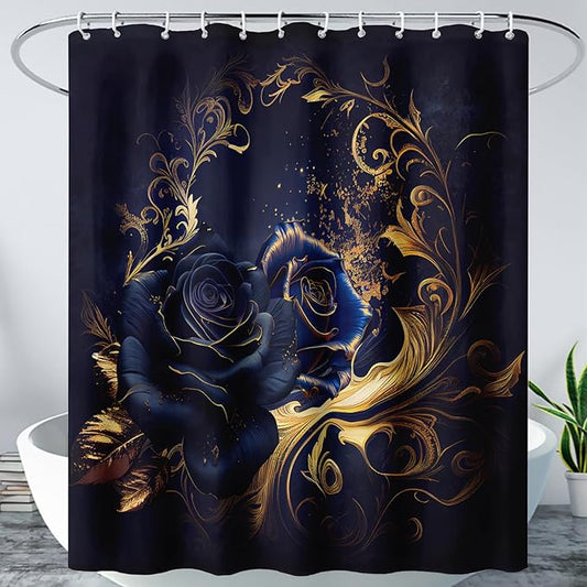 AILONEN Blue Rose Shower Curtain 72"W*78"H for Bathroom,Mystic Blue Gold Flower Glitter Rose Print Bath Curtain,Girls Women Teen Adults Bath Curtain Polyester Waterproof Shower Curtain With 12 Hooks