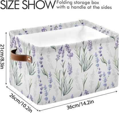 Lavender Flowers Storage Basket Fabric Storage Bin Laundry Baskets, Leaves Green Purple Foldable Storage Boxes Organizer Bag for Baby Cloth Dog Toy Book Storage Cubes Shelf Closet Basket 16×12×8