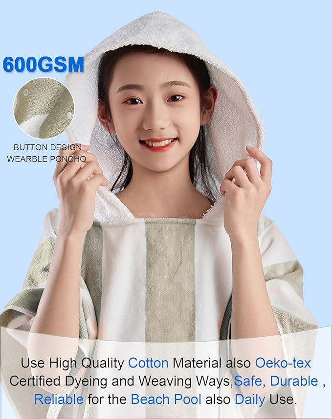VOOVA & MOVAS Big Kids Hooded Towel Robe | Large (8-16Years) Thick and Absorbent Cotton Poncho for Pool, Swim, and Bath - Beige and White Cabana