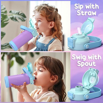 Kids Insulated Water Bottle with Pop-Open Straw & Spout 2-in-1 Lid, 18oz Leak Proof 18/8 Stainless Steel Vacuum Tumbler, BPA-Free Kids Cup For Travel School Boys Girls