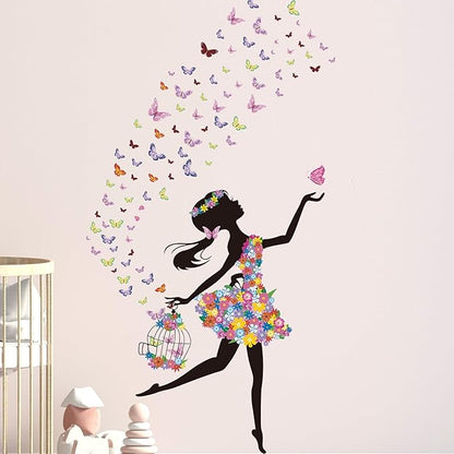 Flower Fairy Wall Decals Peel and Stick Large Princess Wall Decals for Girls Bedroom with Birdcage Pink Butterfly Wall Decor Stickers for Baby Girl Nursery Living Room Classroom (2 Sheets)