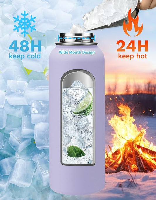 Insulated Water Bottle 40 oz - Keep Cold 48H & Hot-24H, Metal Water Bottle with Straw & Auto Spout Lid, Paracord Handle, Bottle Carrier Bag, Leak Proof Hydro Thermal Flask for Hiking Cycling Sport