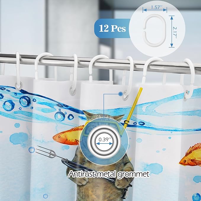 Aimego Extra Long Shower Curtain - Funny Cat Sea Ocean Animal Tropical Fish Coral Seahorse Fabric Cloth Shower Curtain Set with 12 Hooks for Bathroom Decor Accessories Bathtub Curtain, 72"x84"