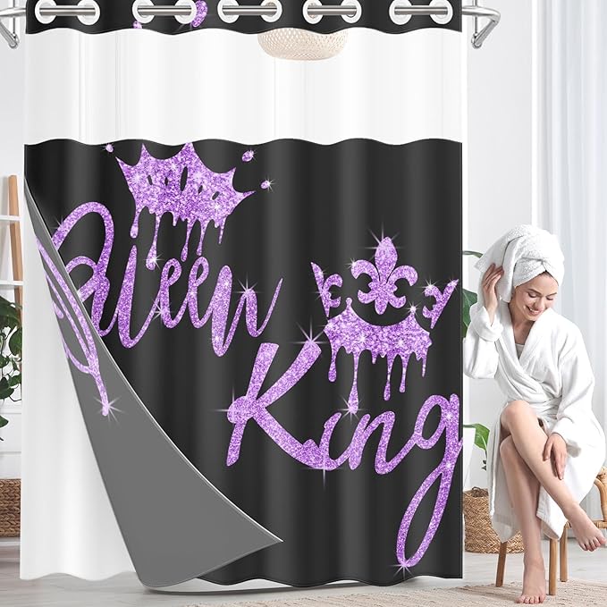 King and Queen No Hook Shower Curtain with Snap in Liner, Black and Purple Glitter Bath Curtain with Double Layers Waterproof Fabric and Mesh Top Window 71x74 Inch