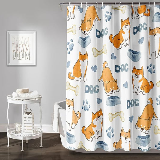 AILONEN Cute Dog Shower Curtain, Cartoon Shiba Inu Dog Bath Curtain,Pet Dog Paw Print Dog Lover Minimalist White Waterproof Curtain with 12 Plastic Hooks(36" W*72" H)