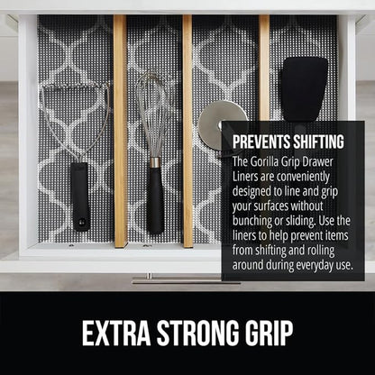 Gorilla Grip powerGRIP Drawer Shelf and Cabinet Liner, Thick Strong Hold, Non-Adhesive Liners Protect Kitchen Cabinets and Cupboard, Bathroom Drawers, Easy Install, Breathable Mat, 12" x10' Quatrefoil