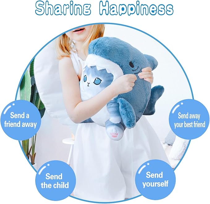 Kawaii Shark Cat Plush Toy Stuffed Animal Doll, Cute Soft Pillow Stress Release Hugs Toys Christmas Halloween Birthday Gifts for Kids Boys Girl Best Gift (Blue - Grey,19 inch)