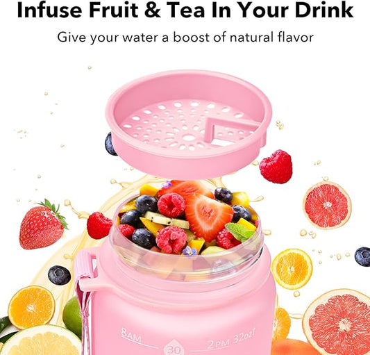GOSWAG 32oz Motivational Water Bottles with Time Marker and Fruit Strainer, Sports Water Bottle with Times to Drink, Leakproof, Reusable Plastic Bottle with Strap no Straw for Gym, School