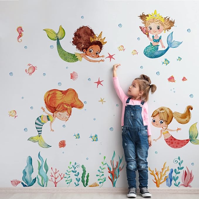 Mfault Multicultural Mermaid Under The Sea Wall Decal Stickers, Ocean Creature Marine Life Seaweed Nursery Decoration Baby Girl Bedroom Playroom Art, Coastal Beach Toddler Kid Room Bathroom Decor
