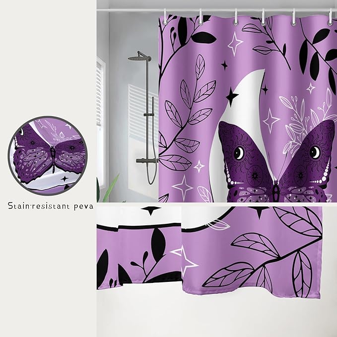 AILONEN Butterfly Shower Curtain for Bathroom Sun and Moon Purple Boho Bath Curtain 72" W*78" H Polyester Fabric Waterproof Bathroom Curtain with 12 Hooks