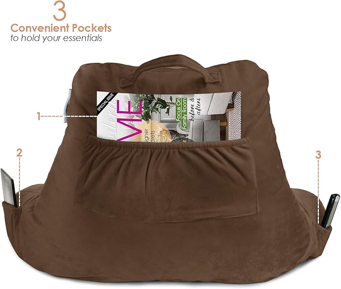 Nestl Reading Pillow for Kids, Small Bed Pillow, Back Pillow for Sitting in Bed, Memory Foam Chair Pillow, Reading & Bed Rest Pillows, Chocolate Brown Back Pillow for Bed, Arm Pillow with Pockets