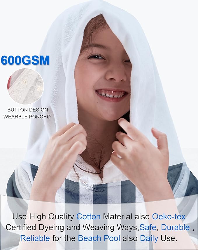VOOVA & MOVAS Hooded Beach Towel Poncho for Teens (8-16Years), 100% Cotton Thick Surf Poncho Towel Robe for Kids, Perfect for Pool, Beach, Bath Activities and Gifts,Blue Grey Cabana Stripe