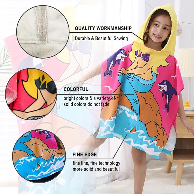 Hooded Kids Beach Towels - Soft Microfiber Poncho Towel for Ages 1 to 6, Quick Dry & Lightweight Swim Cover-ups, Ideal for Boys and Girls