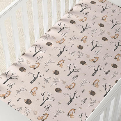 Horaldaily 2 Pack Fitted Crib Sheet for Boys Girls,Soft Breathable Washable Jersey Microfiber Baby Crib Sheet, Fits Standard Size Crib Mattress 28in x 52in, Animals Leaves Nursery Sheet Beige/Orange