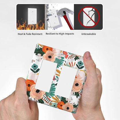 Rustic Floral Boho Colorful Flower 2 Gang Rocker Decora Light Switch Covers Dual Outlet Covers Wall Plate Decorative Switchplate Electrical Faceplate GFCI for Farmhouse Bathroom Bedroom Kitchen Decor