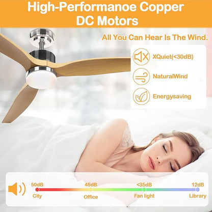 Ceiling Fan with Lights， 52" ，with Remote Control，2 Poles，LED Dimmable，Reversible DC Motors, Timer Noiseless，Bedroom Living Room Indoor&Outdoor，Very Energy Conservation
