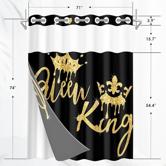 King and Queen No Hook Shower Curtain with Snap in Liner, Black and Gold Glitter Bath Curtain with Double Layers Waterproof Fabric and Mesh Top Window 71x74 Inch