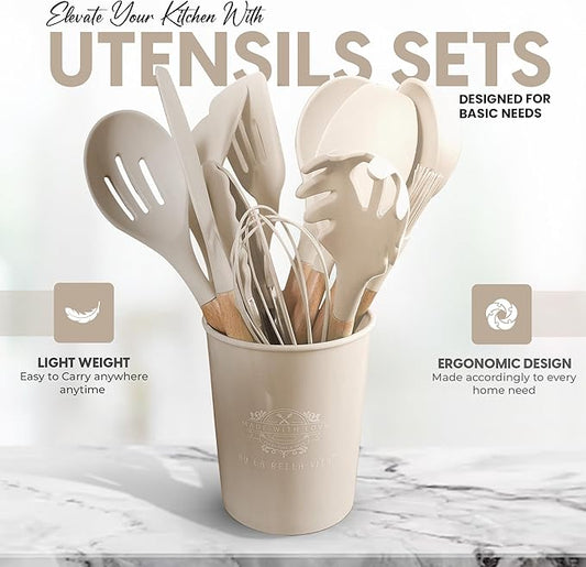 Silicone Utensil Set, 12 PCS Wooden Handle Nontoxic BPA Free 100% Food Grade Silicone Spoon Spatula Ladle Turner Tongs Kitchen Gadgets Utensil Set for Nonstick Cookware (Khaki)