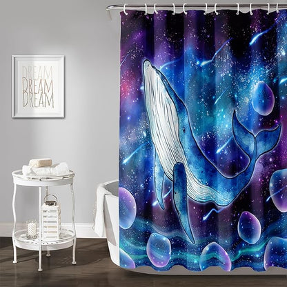 AILONEN Cartoon Blue Whale Shower Curtain,Swimming Whale Fabric Shower Curtains for Bathroom,Starry Night Bathroom Curtains for Kids Girls Boys,Fantasy Whale Bath Curtain Set, 60" W*72" H