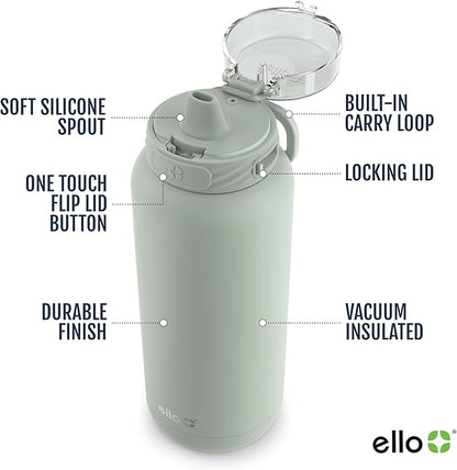 Ello Cooper 40oz Stainless Steel Water Bottle with Straw and Carry Handle, Double Walled and Vacuum Insulated Metal, Leak Proof Locking Lid with Soft Silicone Spout, Reusable, BPA Free, Sage