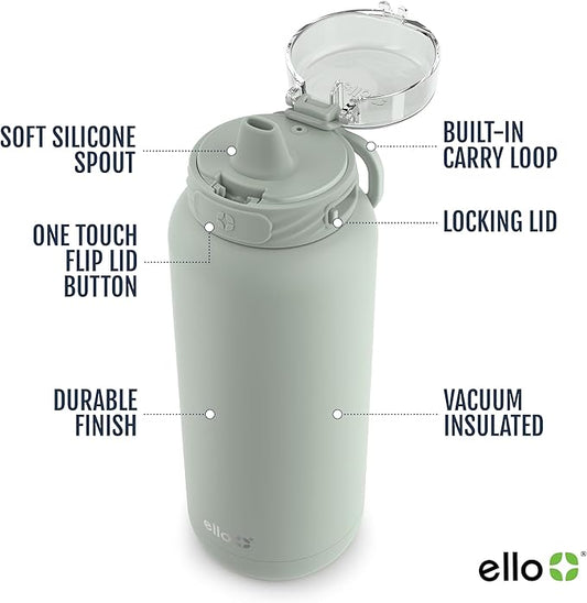 Ello Cooper 40oz Stainless Steel Water Bottle with Straw and Carry Handle, Double Walled and Vacuum Insulated Metal, Leak Proof Locking Lid with Soft Silicone Spout, Reusable, BPA Free, Sage