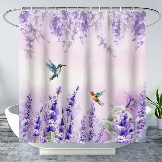 AILONEN Waterproof Floral Shower Curtain for Bathroom,Purple Wisteria Lavender Flowers Shower Curtain,Botanical Floral Decor Bathroom Polyester with Grommets and Hooks 60" W*72" H