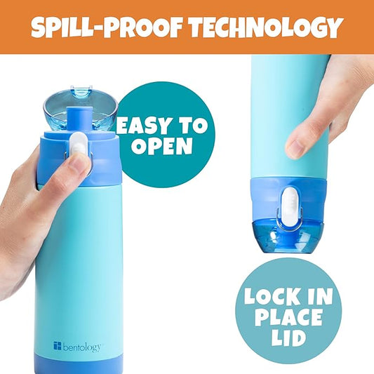 Bentology Stainless Steel 13oz Insulated Kids Water Bottle w Built In Straw- Easy to Open, Reusable BPA-Free, Fits in Most Lunch Boxes for Boys, Girls, School, Sports, Camp- Keep Drink Cold All Day