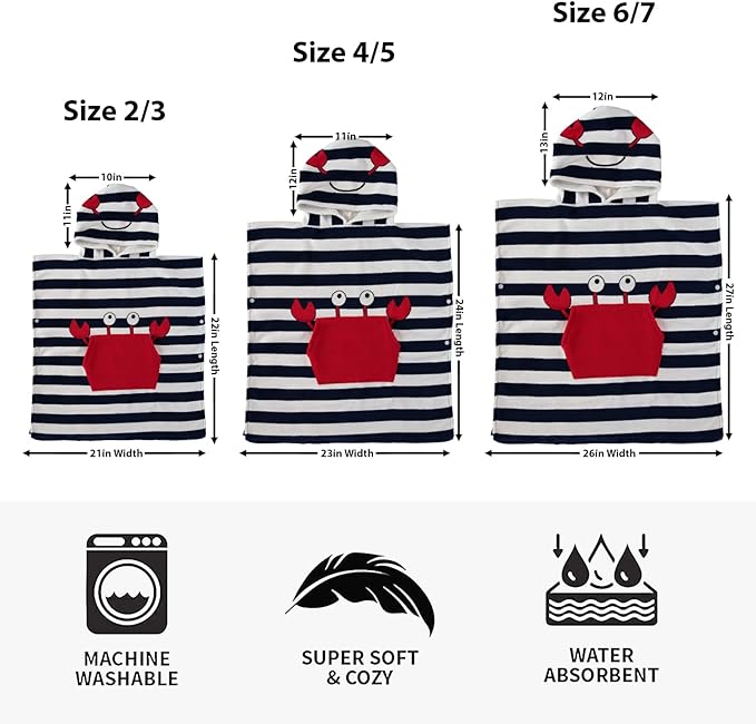 Boys and Girls Absorbent Hooded Beach Towel Pullover Character Microfiber Bath Towel with Side Snaps (Crab, 6-7)