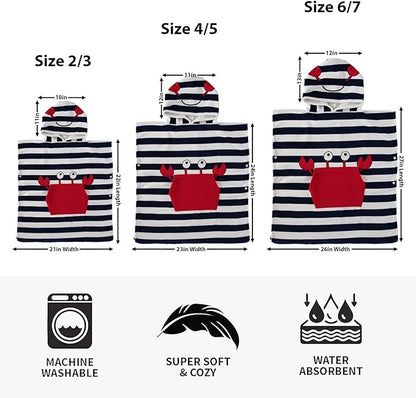 Boys and Girls Absorbent Hooded Beach Towel Pullover Character Microfiber Bath Towel with Side Snaps (Crab, 6-7)